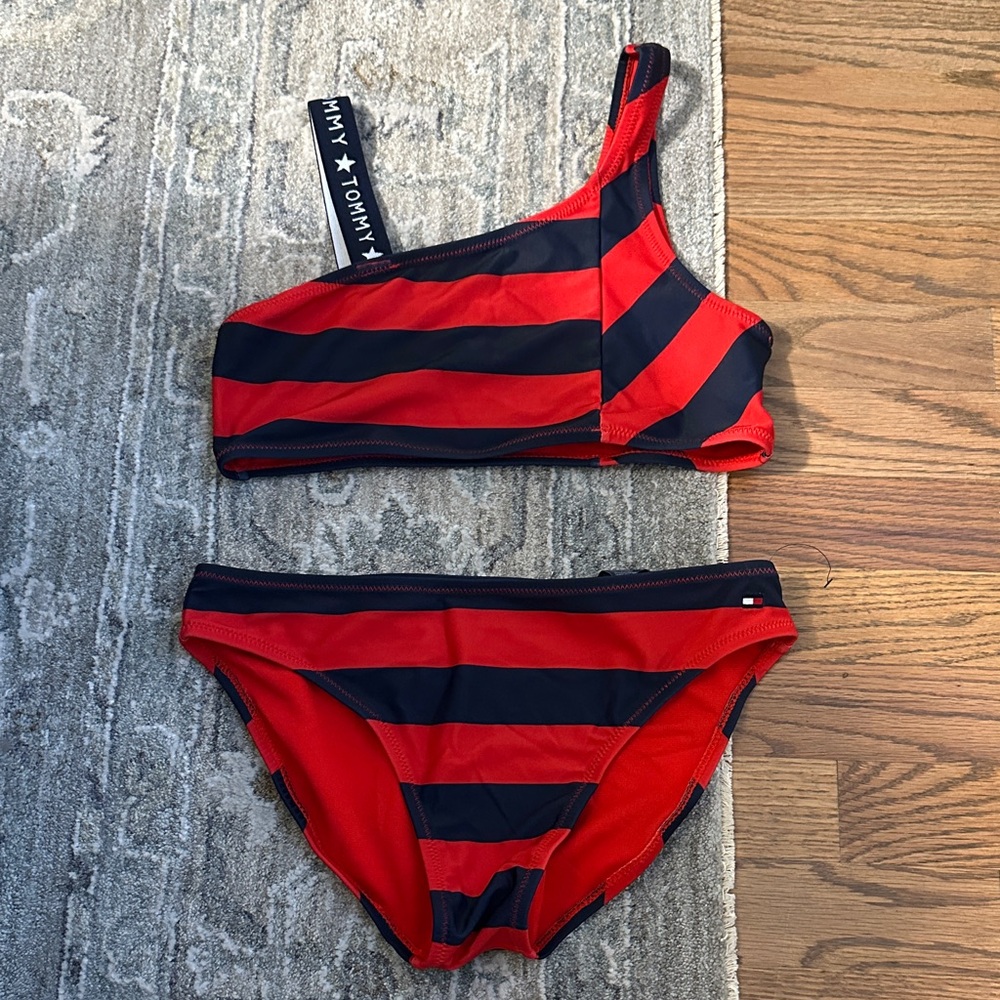 Big Girls Tommy Hilfiger Red and Black One-Shoulder Bikini